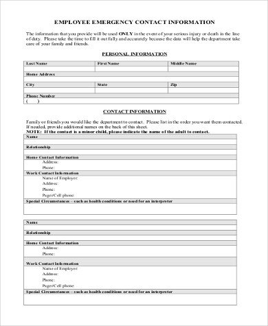 Employee Emergency Contact forms Sample Employee Emergency Contact form 6 Free Documents