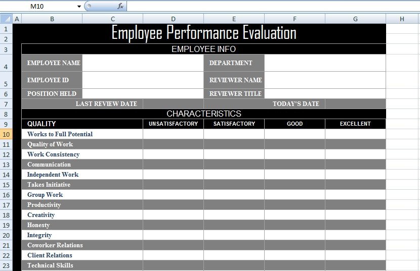 Employee Evaluation Template Excel Employee Performance Evaluation form Xls Free Excel