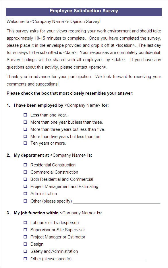 Employee Satisfaction Survey Template 9 Employee Satisfaction Survey Templates &amp; Samples Doc