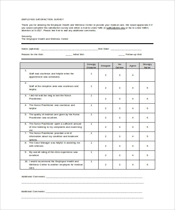 Employee Satisfaction Survey Template Sample Employee Survey Template 11 Free Documents In