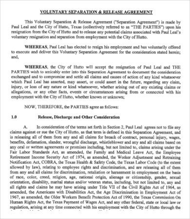 Employee Separation Agreement Template 9 Simple Employment Separation Agreement Templates Word