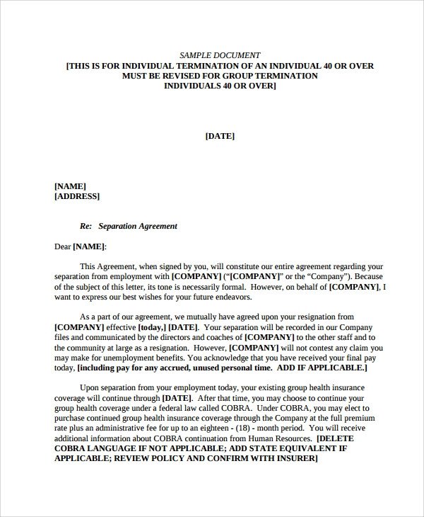 Employee Separation Agreement Template Sample Employment Separation Agreement 11 Free
