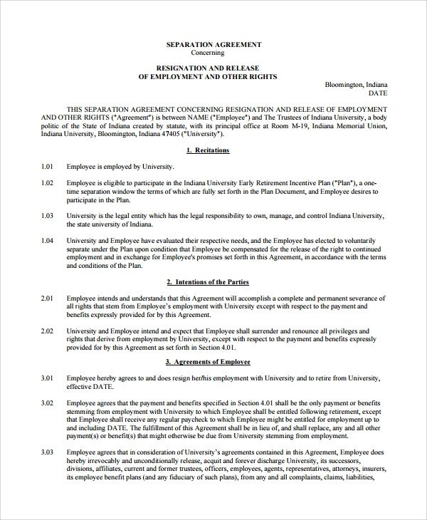 Employee Separation Agreement Template Sample Employment Separation Agreement 11 Free