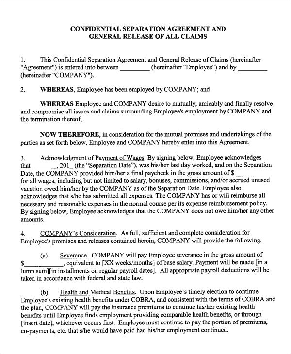 Employee Separation Agreement Template Sample Employment Separation Agreement 8 Documents In