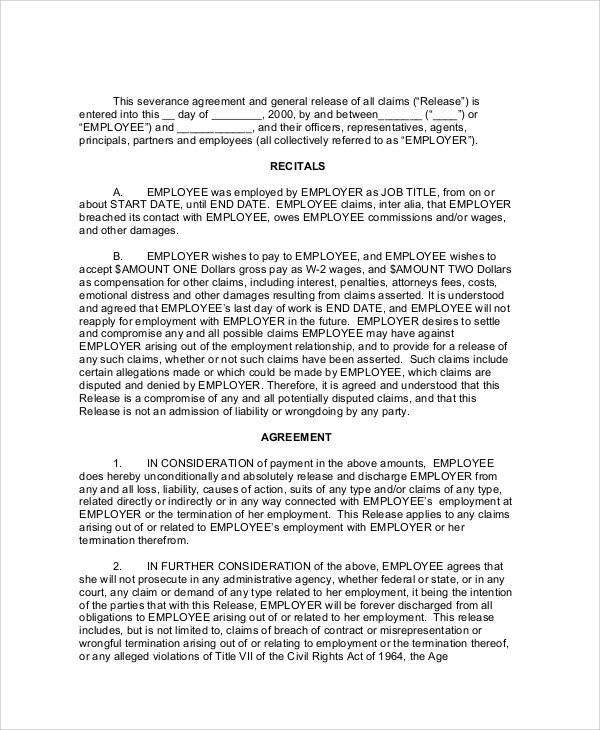 Employee Separation Agreement Template Sample Employment Separation Agreement 8 Documents In