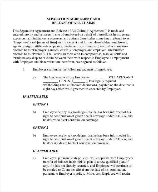 Employee Separation Agreement Template Sample Employment Separation Agreement 8 Documents In