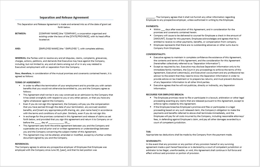 Employee Separation Agreement Template Separation and Release Agreement Template – Microsoft Word
