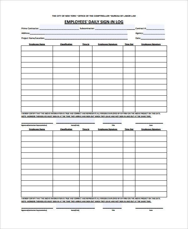 Employee Sign In Sheet Sample Employee Sign In Sheet 15 Free Documents