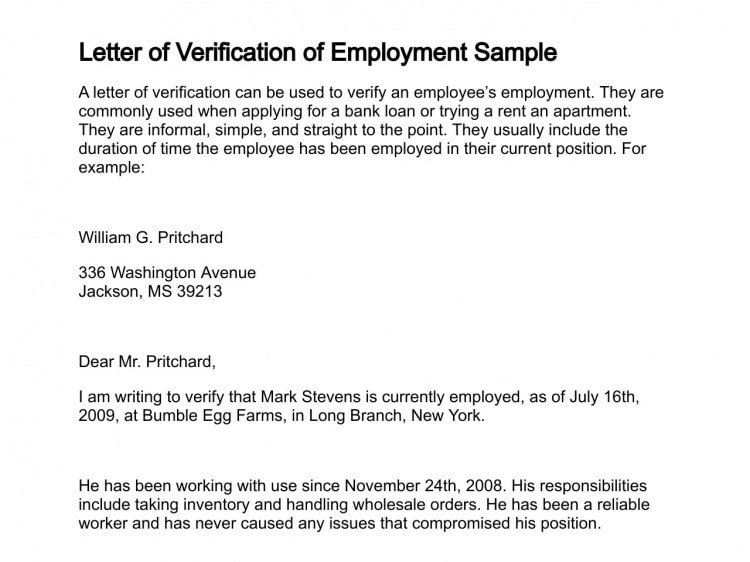 Employee Verification Letter Template 9 Verification Of Employment Letter Examples Pdf