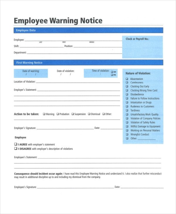 Employee Warning Notice form 12 Printable Employee Warning Notice Templates Google