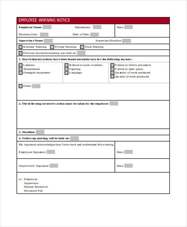 Employee Warning Notice form 28 Notice forms In Word