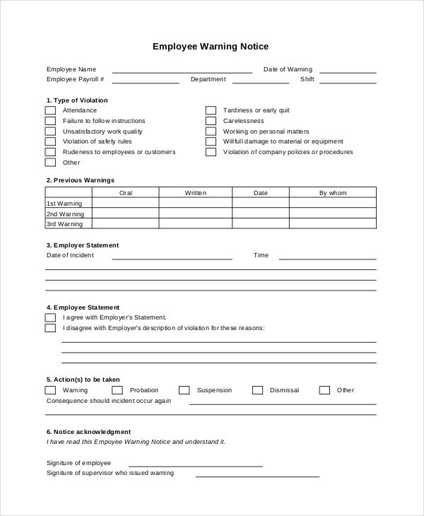 Employee Warning Notice form 6 Sample Employee Warning Notice forms
