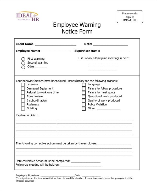 Employee Warning Notice form 6 Sample Employee Warning Notice forms