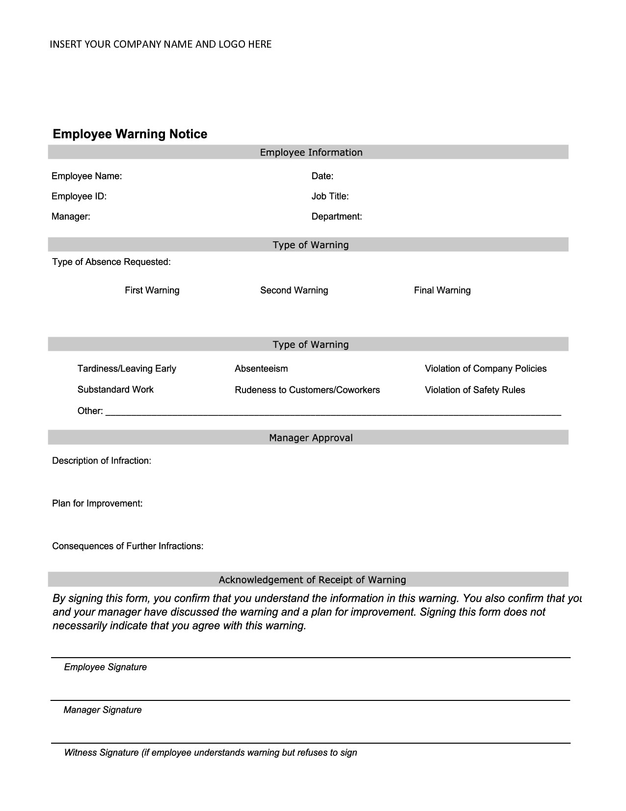 Employee Warning Notice form Employee Warning Notice Employee forms
