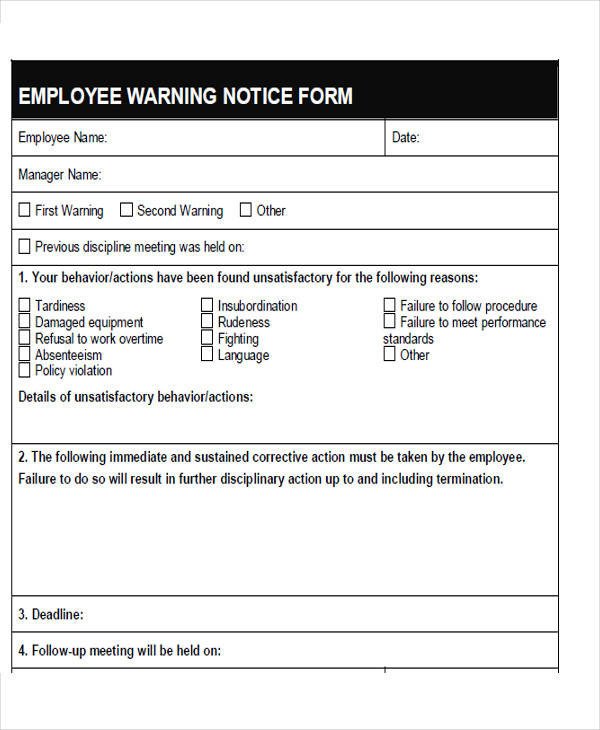 Employee Warning Notice form Notice form Example