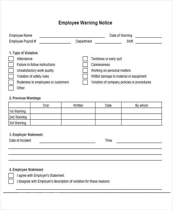 Employee Warning Notice form Notice form Example