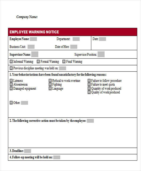 Employee Warning Notice form Notice form Example