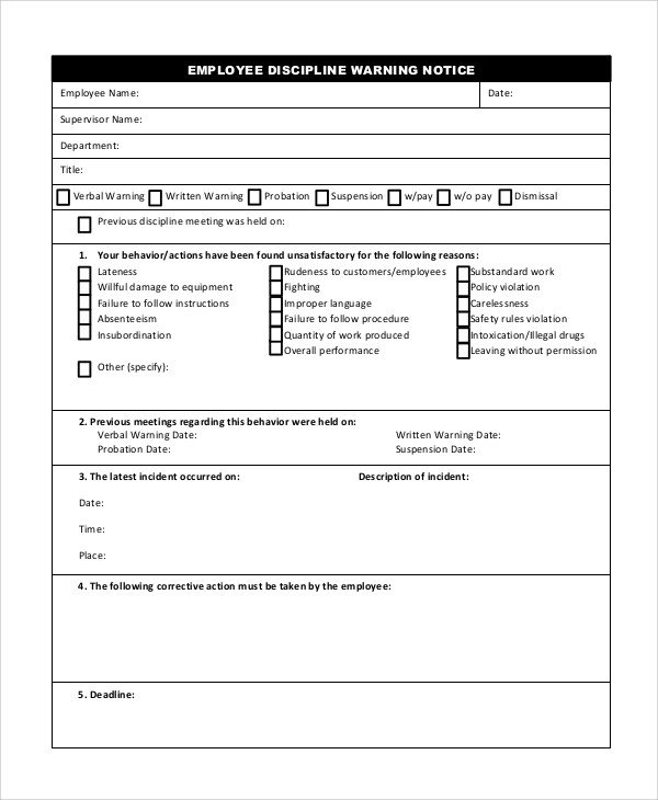 Employee Warning Notice form Sample Employee Discipline form 10 Examples In Pdf Word