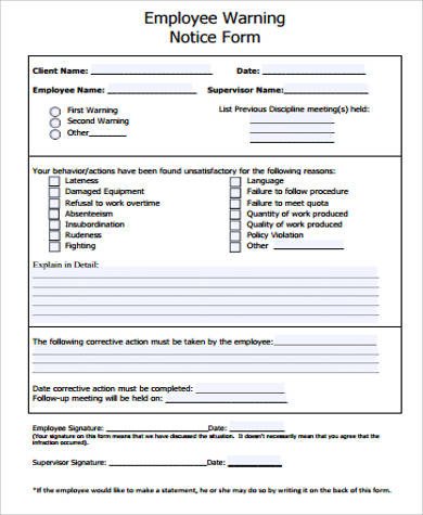 Employee Warning Notice form Sample Employee Notice form 8 Examples In Word Pdf