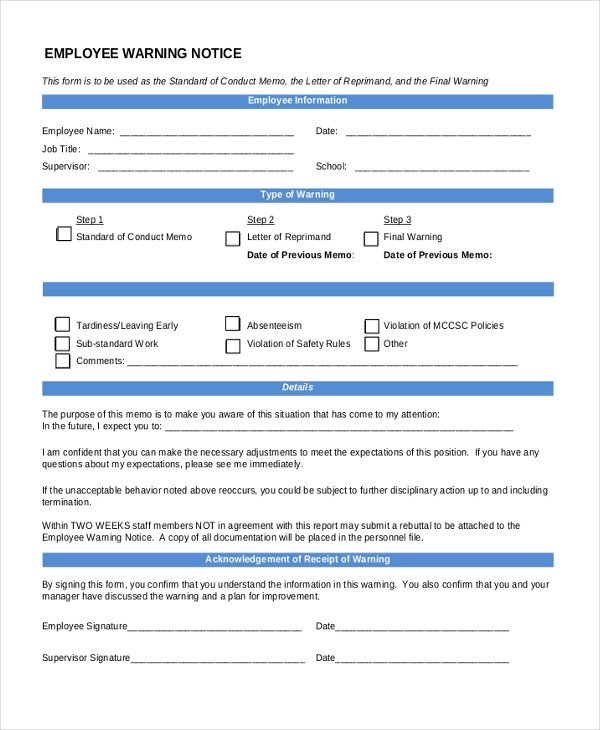 Employee Warning Notice form Sample Employee Warning Notice 8 Sample Documents In