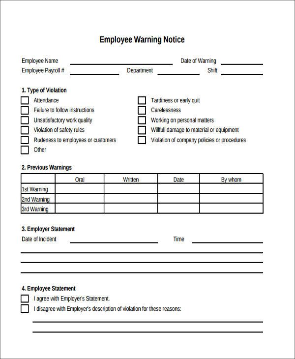 Employee Warning Notice form Sample Notice forms