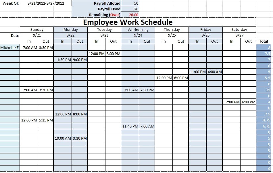 Employee Work Schedule Template Employee Work Schedule Template Sample
