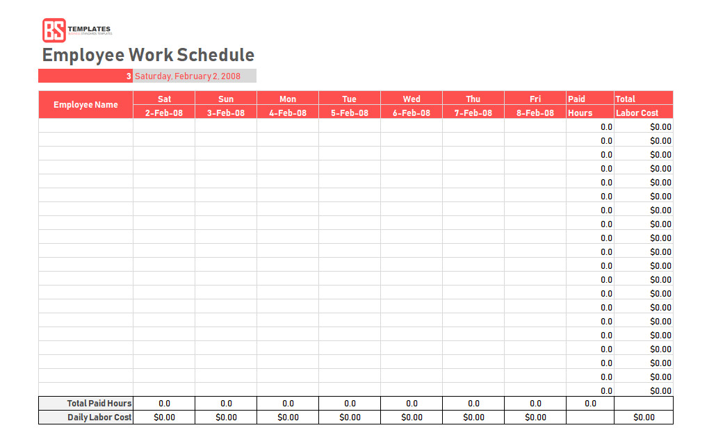 Employee Work Schedule Template Work Schedule Template Daily Weekly