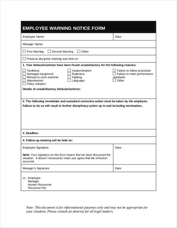 Employee Written Warning Template 13 Employee Warning Notice Samples &amp; Templates Docs