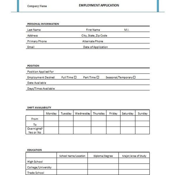Employment Application form Template Free Printable Job Application form Template form Generic