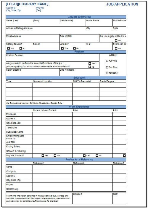 Employment Application Word Template Free Job Application Template for Excel