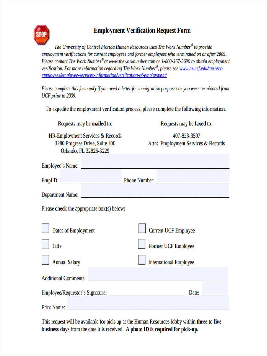 Employment Verification Request form 7 Employment Verification Request form Sample Free