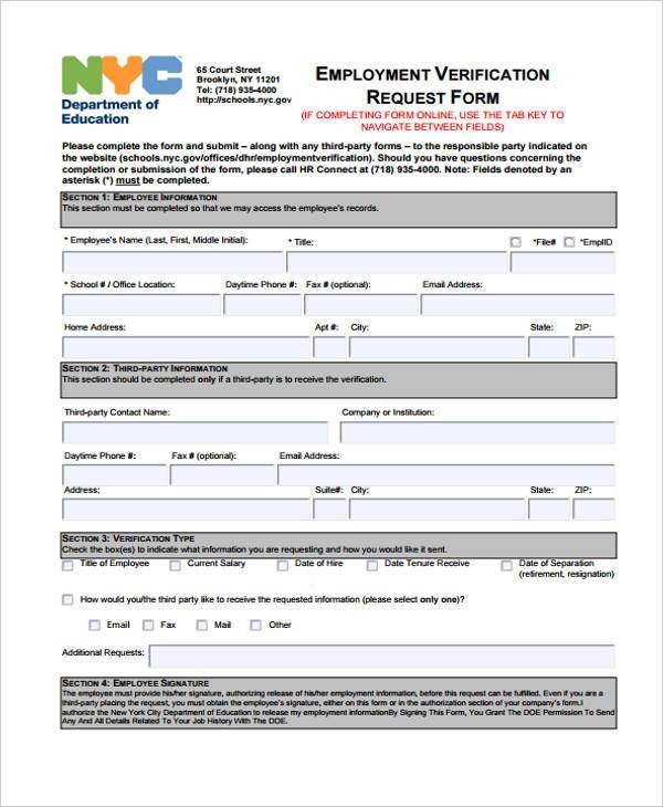 Employment Verification Request form Employment form Templates