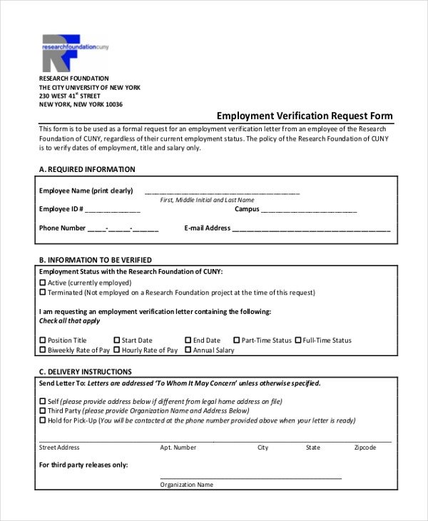 Employment Verification Request form Sample Employment Verification form 13 Free Documents