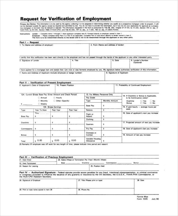 Employment Verification Request form Sample Employment Verification form 6 Documents In Pdf