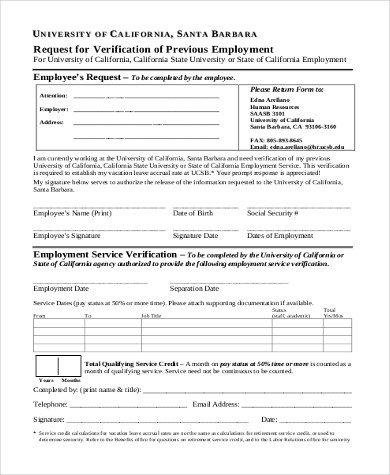 Employment Verification Request form Sample Employment Verification Request forms 8 Free