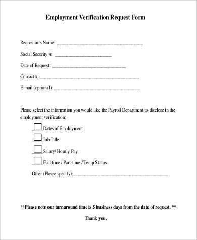 Employment Verification Request form Sample Employment Verification Request forms 9 Free
