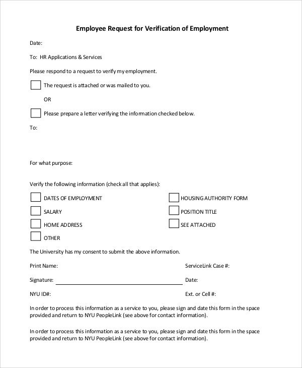 Employment Verification Request form Sample Verification Of Employment form 10 Examples In