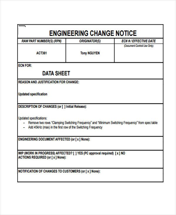 Engineering Change order Template 33 Sample Notice forms