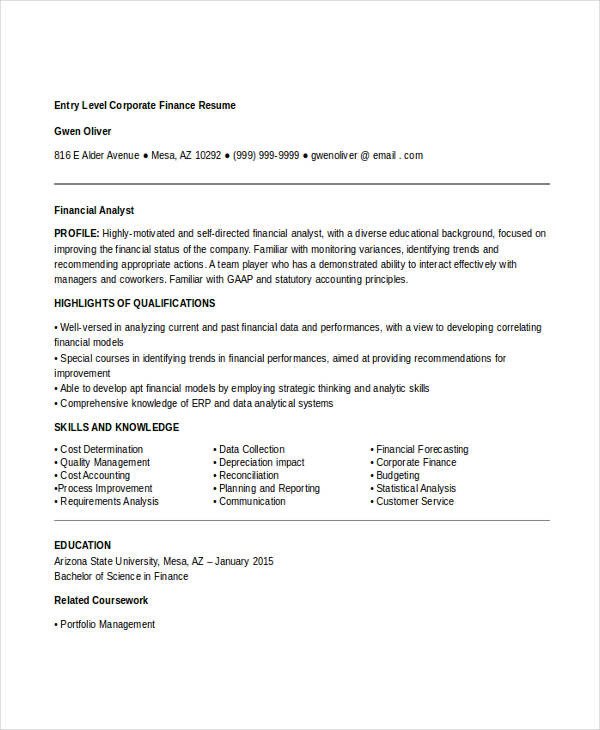 Entry Level Finance Resume 22 Best Finance Resume Templates Pdf Doc
