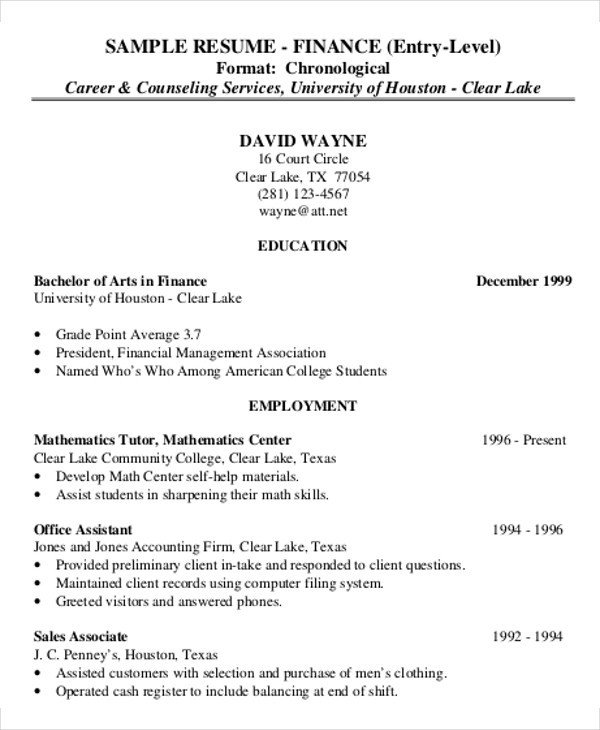 Entry Level Finance Resume 25 Finance Resumes In Pdf