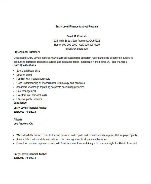 Entry Level Finance Resume Basic Finance Resume 44 Free Word Pdf Documents
