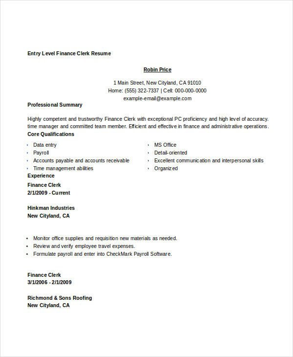 Entry Level Finance Resume Basic Finance Resume 44 Free Word Pdf Documents