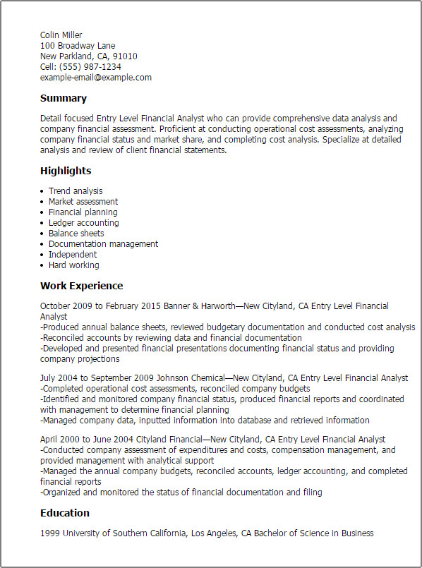 Entry Level Finance Resume Entry Level Financial Analyst Resume Template — Best