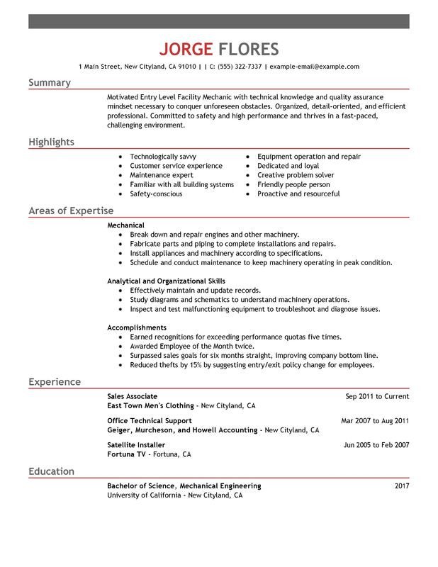 Entry Level Resume Template Unfor Table Entry Level Mechanic Resume Examples to