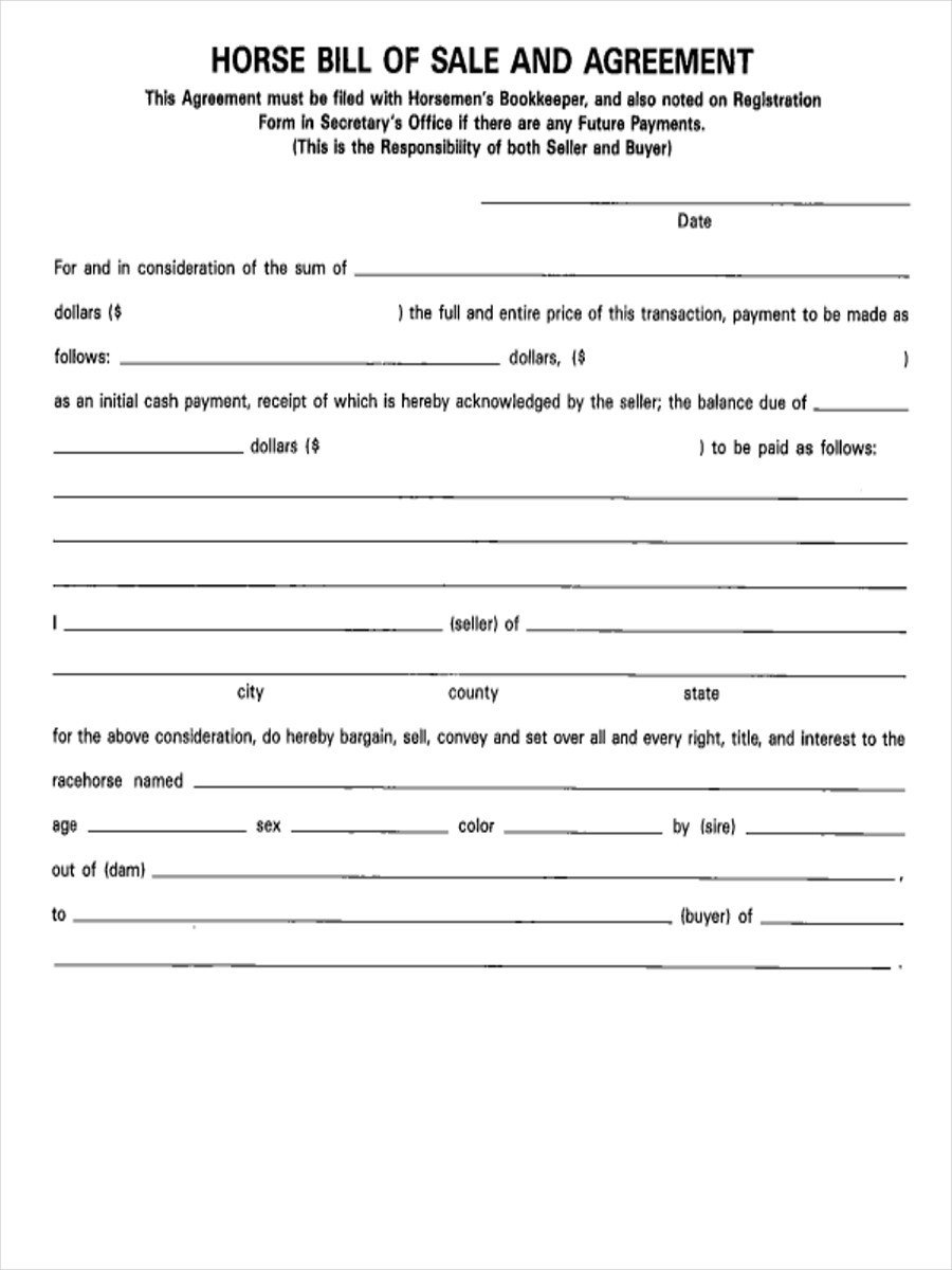 Equine Bill Of Sale 5 Horse Bill Of Sale forms Free Sample Example format