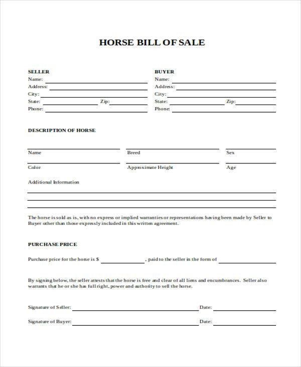 Equine Bill Of Sale Bill Of Sale form In Word