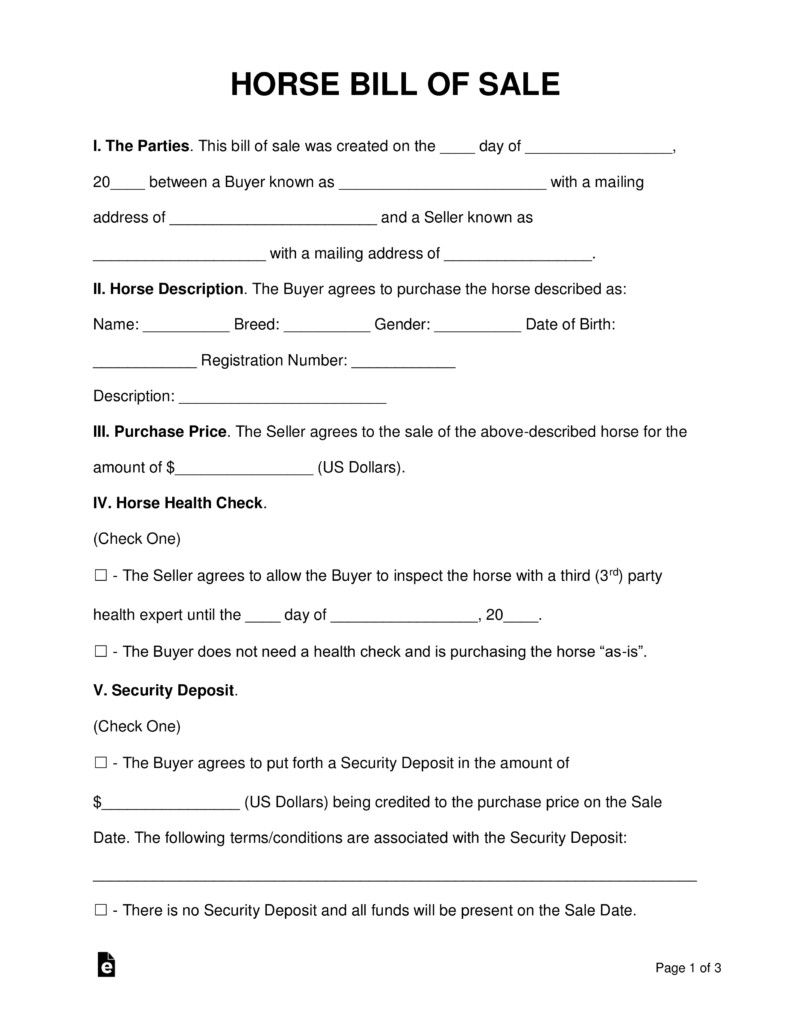 Equine Bill Of Sale Free Horse Bill Of Sale form Word Pdf