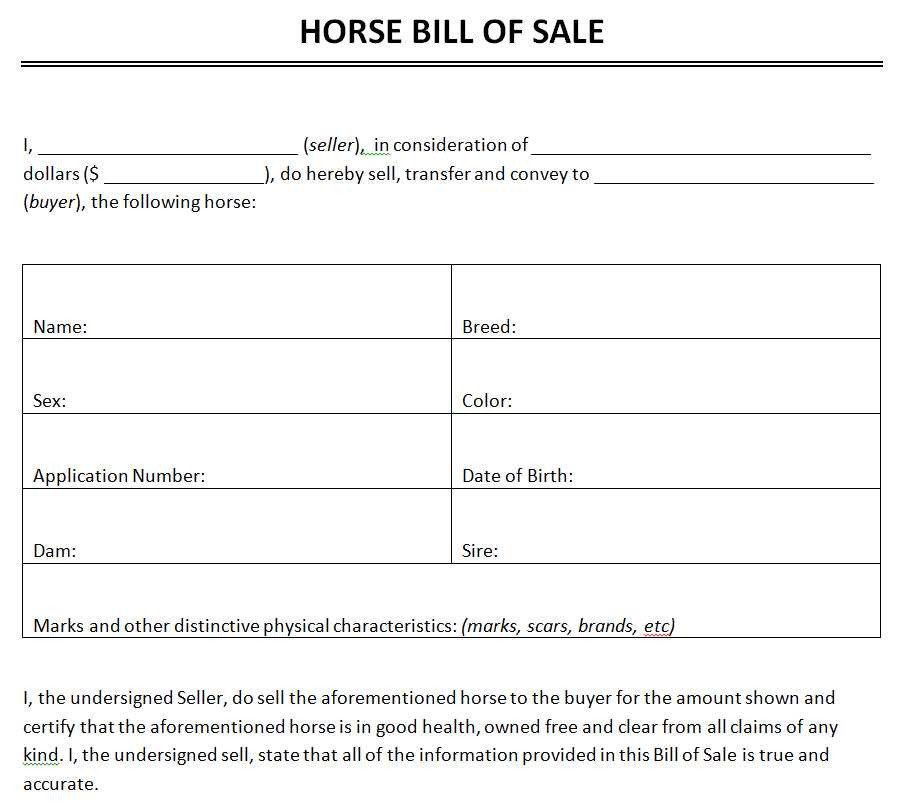Equine Bill Of Sale Free Horse Bill Sale Template