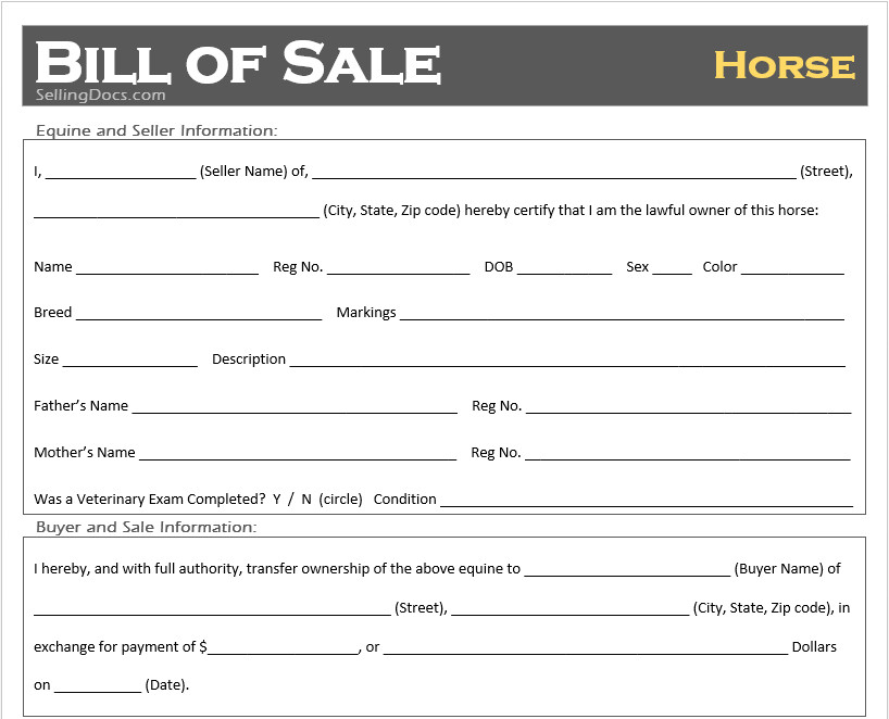 Equine Bill Of Sales Free Printable Horse Bill Of Sale Template Selling Docs