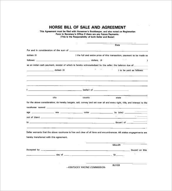 Equine Bill Of Sales Horse Bill Of Sale – 8 Free Sample Example format